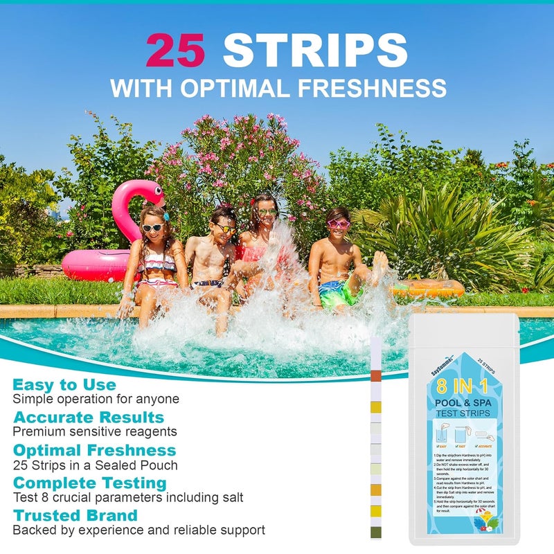 SaySummer Salt-Water Pool Test Strips Kit: 25 Counts 8-in-1 for Salt Water Pool Testing Kit, Salt Pool Test Strips for Hot Tub Spa Testing Salt Chlorine pH and More - Image 4